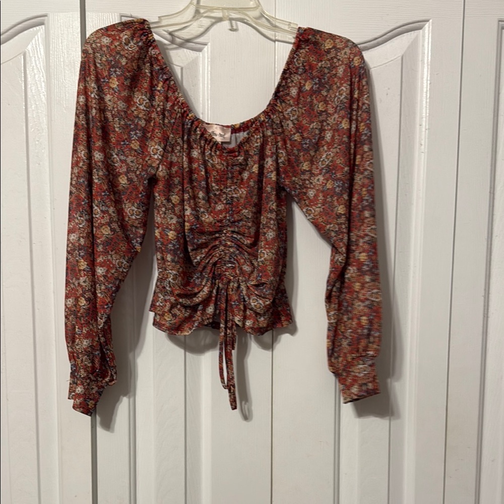 Brown and Orange Puff Sleeve Ruched Blouse